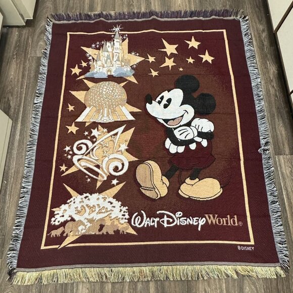 VTG 90s Walt Disney World Tapestry Woven Throw Blanket Red Gold Mickey Mouse USA - Picture 1 of 11